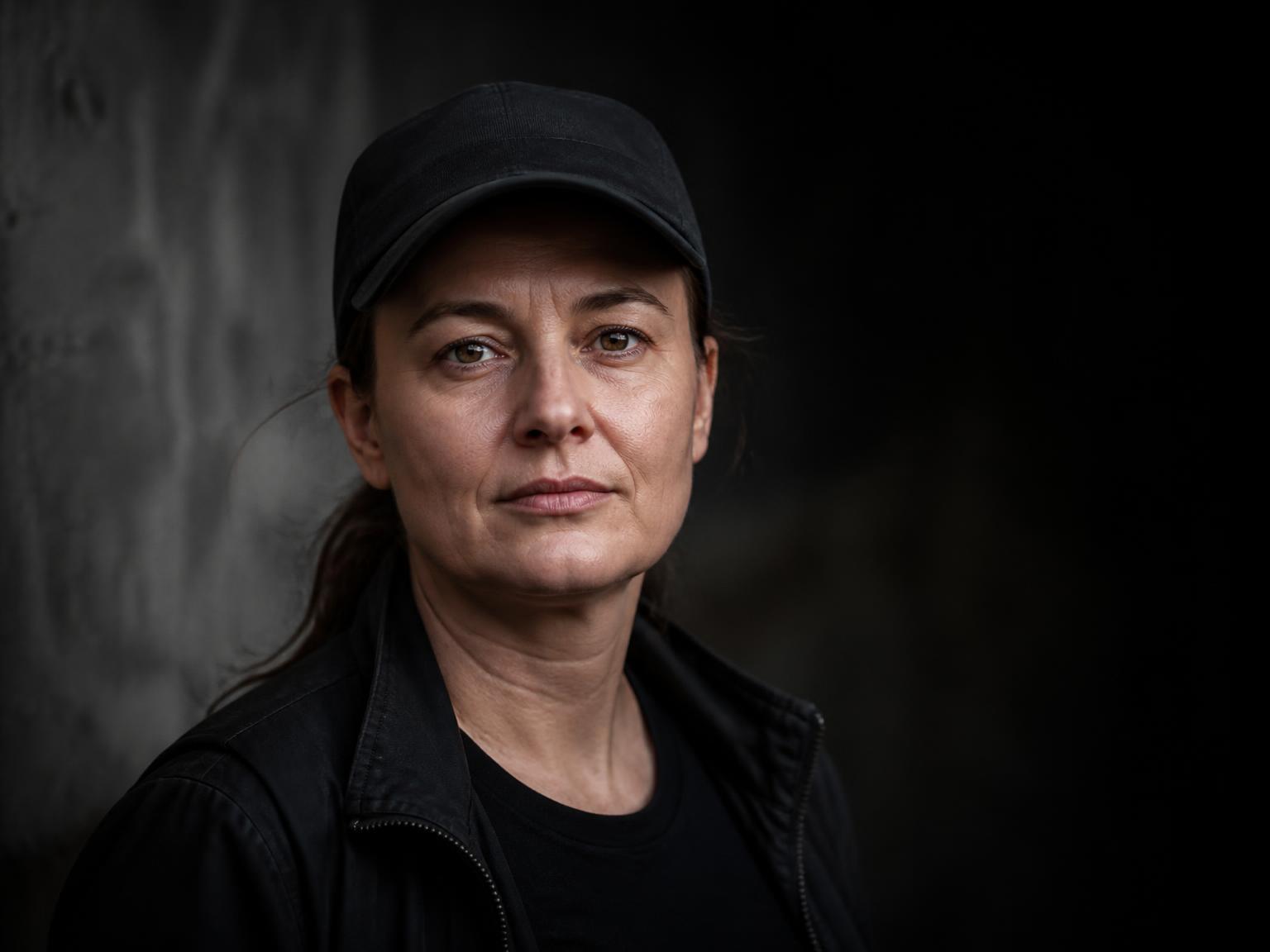 Kobieta w cywilnym ubraniu i czapce, patrząca wprost w obiektyw